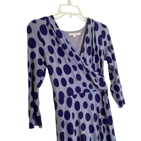Boden Dress Sz 4 Blue Midi Jersey Knit Polka Dot Wrap Work Office Stretchy - Picture 2 of 6